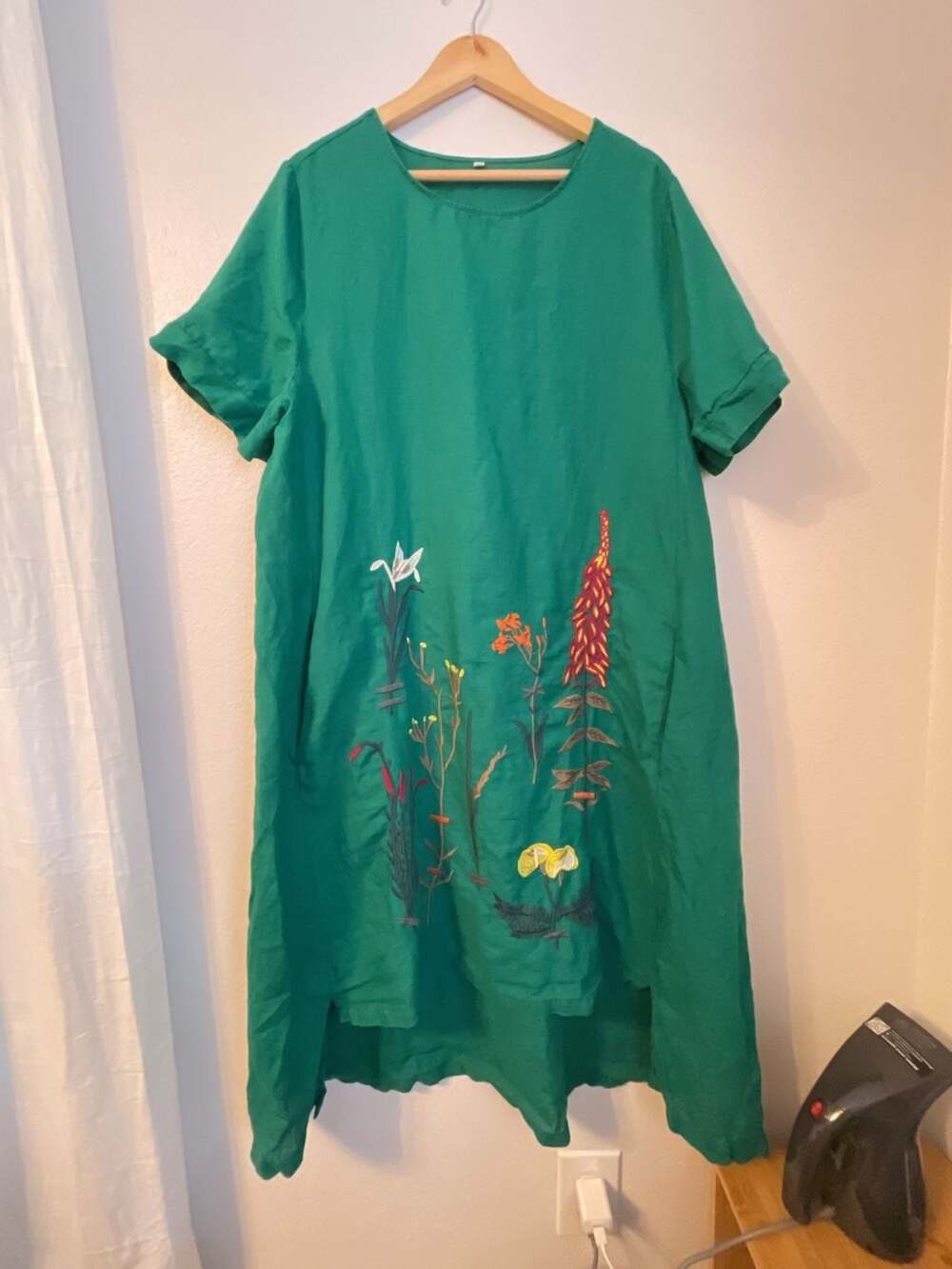 Minibee Embroidered Linen Dress XL Green Floral Lagenlook Short Sleeve